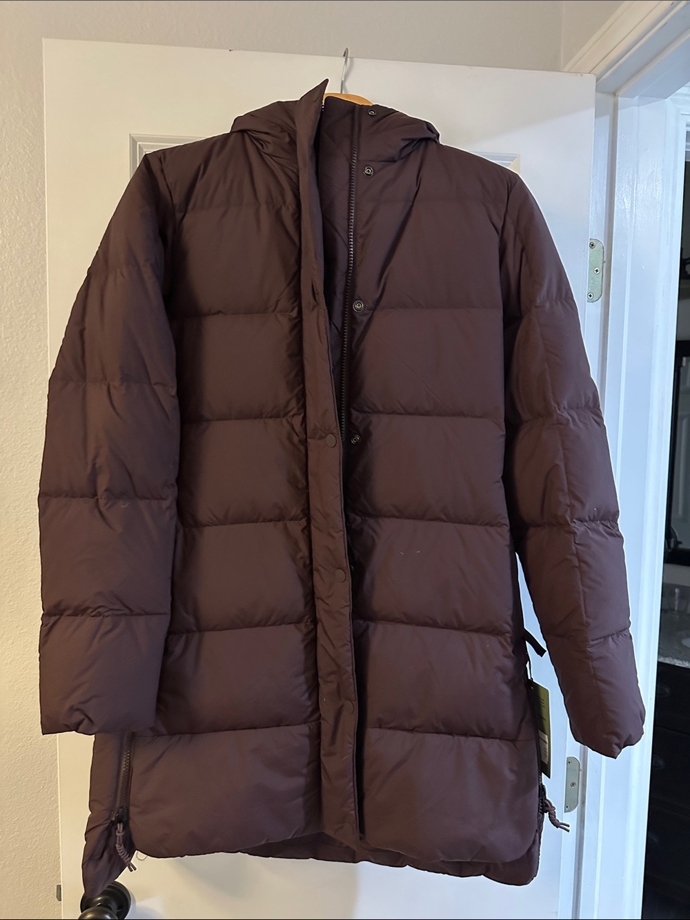 REI women’s Norseland Down Hooded Puffer Jacket 2.0 in Raisin